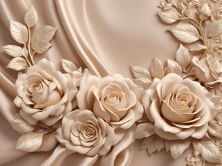 Beautiful 3D background decorations in the form of beige roses and a luxurious silk background print
