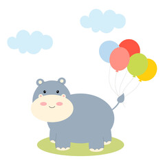 Cute character hippo and balloons. Vector hand drawn illustration with cartoon hippopotamus on a white background. Greeting card for kids with baby animals in a flat style.