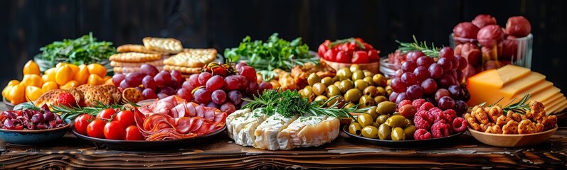 Appetizers table with differents antipasti, charcuterie, snacks and wine. Sausage, ham, tapas,...