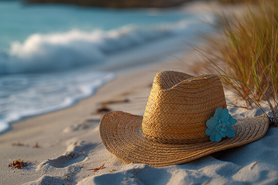 A woven-style Hawaiian hat is placed on the sandy beach shore