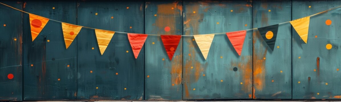 A strand of party flags on a wooden background.