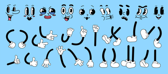 Cartoon hands, legs and faces for retro comic character. Vector 30s-50s cute mascot arms in gloves, shoes and funny emotions. Elements for old animation styles © ksania