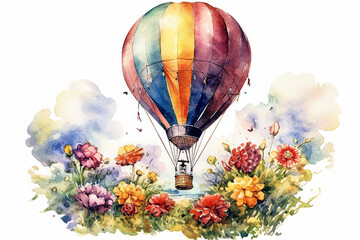 hot air balloon adorned with floral designs, floating gracefully in the sky