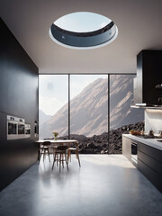 interior design, a modern futuristic kitchen on the moon, moon crater, moon rocks, surreal design, modern, architecture concept, creative building - obrazy, fototapety, plakaty