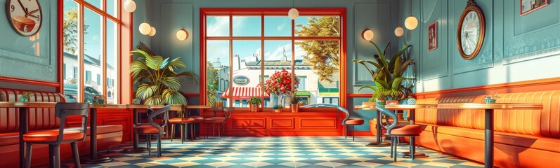 A retro diner with red booths and a large window.