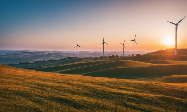 Wind turbines on the hills of Tuscany at sunrise