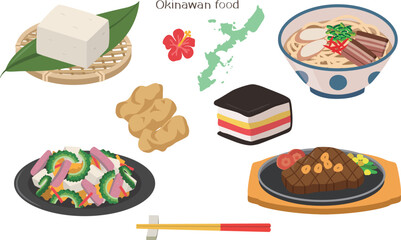 沖縄のいろいろな食べ物のイラストセット