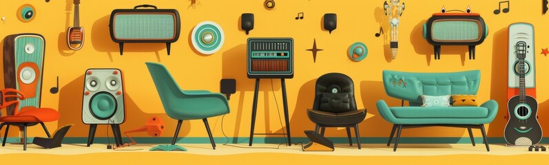 A retro living room with furniture and entertainment items from the 50s and 60s.