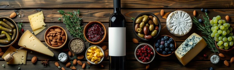 overhead shot of a mockup wine bottle with a white label, surrounded by cheese assortment, wood background 