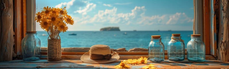 Banner , Pastel blue backdrop, featuring travel essentialsVintage suitcase, retro sunglasses
