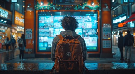 A delighted traveler wanders in City, his cheerful expression contrasting against the city isolation of the night town backdrop - obrazy, fototapety, plakaty