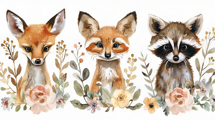 A watercolor illustration of a group of animals, generative ai