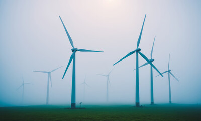 Fototapeta premium An image of wind turbines in a misty meadow