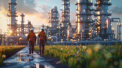 Fototapeta na wymiar Engineers in uniform walking while inspecting an oil refinery field