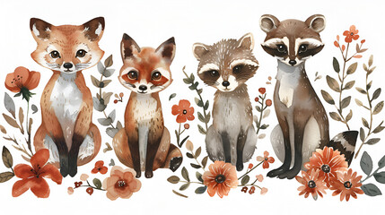 A watercolor illustration of a group of animals, generative ai