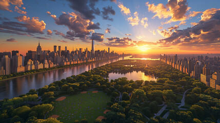 Central Park teems with the serenity of nature, adorned by lush trees that frame the landscape. Amidst the bustling skyscrapers, people seek solace through picnics and relaxation - obrazy, fototapety, plakaty