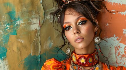 Fashionable Young Woman with Vibrant Makeup Posing in Front of Abstract Painted Artwork, Exotic Jewelry and Stylish Outfit