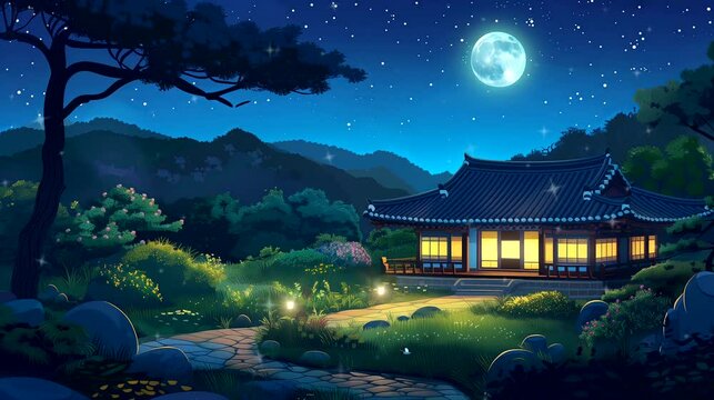 A historic South Korean house nestled in the serene countryside, and mist-shrouded mountains at night. Fantasy landscape anime or cartoon style, looping 4k time-lapse video animation background