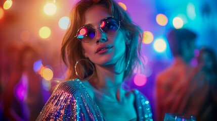 Glamorous Young Woman Enjoying Party in Shiny Outfit with Reflective Sunglasses Against Colorful Bokeh Lights Background