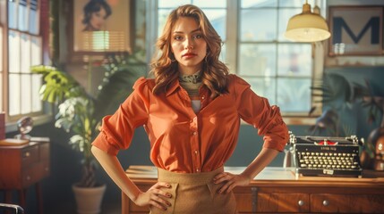Confident Young Businesswoman in Vintage Styled Office, Elegance and Professionalism, Stylish Work...