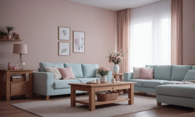 Fototapeta na wymiar Living room with pink sofa and wooden coffee table, 3d render