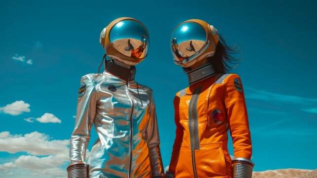 Futuristic Astronauts in Space Suits Posing against a Vivid Blue Sky and Clouds Background