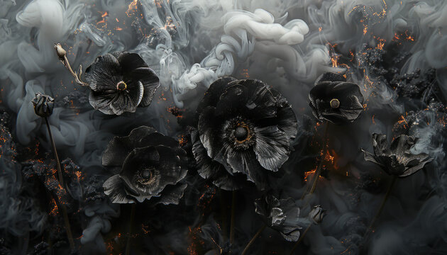 Embers of burnt flowers from a fire.