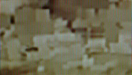Close-up view of an LCD screen display, chaotic digital glitch pattern, distorted abstract...