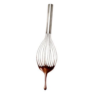 Watercolor Silver Metal Whisk With Melted Liquid Chocolate. Hand Drawn Kitchen Utensils, Realistic Illustration Isolated On White Background. For Designers, Packaging Design, Menu, Decoration, P