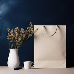 Shopping bag and vase with flowers on a dark background. Concept of mock-up for shopping, decoration, decor, consumerism. Copy space for text, adversiting.s
