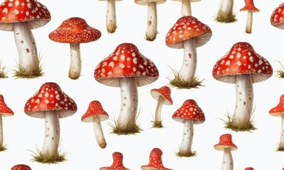 Seamless pattern with fly agaric mushrooms on white background