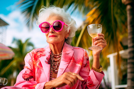 Bright cheerful elderly woman close-up drinking alcoholic cocktail on vacation, portrait
