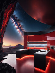 interior design, a modern red and black spacious, futuristic kitchen in a volcano crate, volcano, volcano rocks, surreal design, modern, architecture concept, creative building