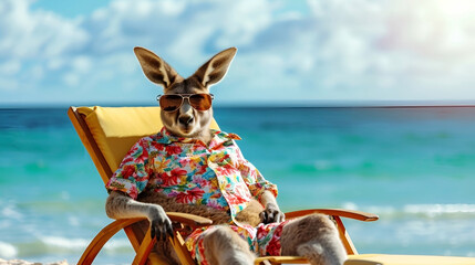 Humanized Cute cartoon kangaroo in Hawaiian shirt on sunbed against ocean and palm trees. Advertisement. Creative animals portrait. Concept of vacation in resort hotel, tourism. AI Generative - obrazy, fototapety, plakaty