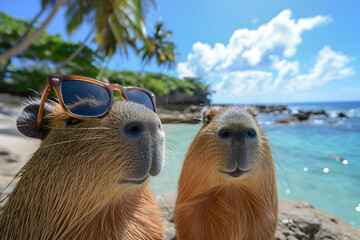 Selfie photo of cute funny capybaras couples in sunglasses relaxing on beach under palm trees near sea. Advertising holidays in seaside resort, hotel. Generative AI