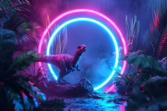 Dinosaur Dino T-rex in neon tropical jungle on pink background, 3d rendered. AI Generative. Advertisement, cover or wallpaper, screensaver.