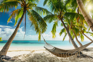 Hammock with palm trees on a sandy beach 