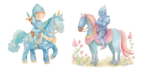  cute knight riding horse watercolour vector illustration 
