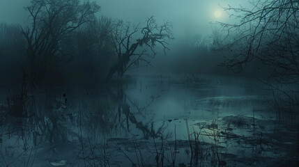 misty night at swamp horror background