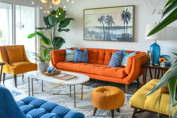 an elegant living room with vintage orange sofa and blue yellow armchairs as well as a comfortable couch in a bright apartment with retro decor, many plants