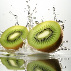 a kiwi fruit splashing into water