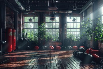 Empty boxing club gym for boxers training concept for athletes. Generative Ai - obrazy, fototapety, plakaty
