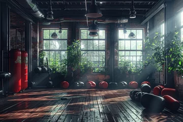 Foto op Plexiglas Empty boxing club gym for boxers training concept for athletes. Generative Ai © Retu
