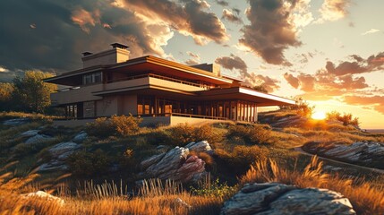 the architectural brilliance of a Prairie-style house with horizontal lines and geometric forms, set against a prairie landscape - obrazy, fototapety, plakaty
