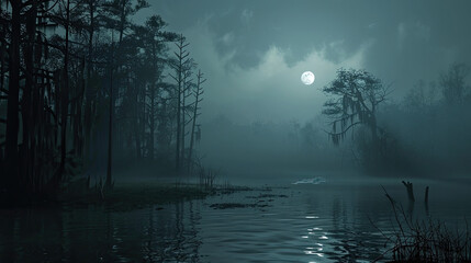 Fototapeta na wymiar misty night at swamp horror background