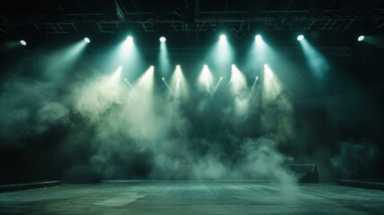 A dark empty stage with spotlights above and smoke rising