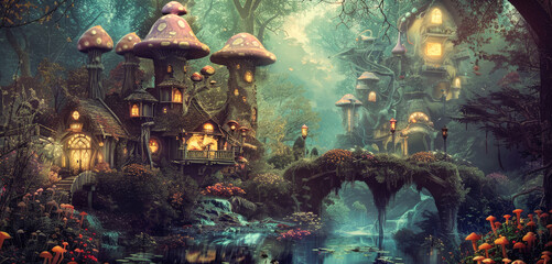 Fairy mushroom houses - obrazy, fototapety, plakaty