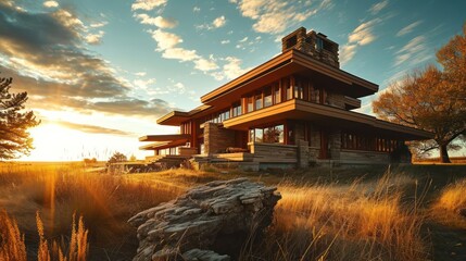 the architectural brilliance of a Prairie-style house with horizontal lines and geometric forms, set against a prairie landscape - obrazy, fototapety, plakaty