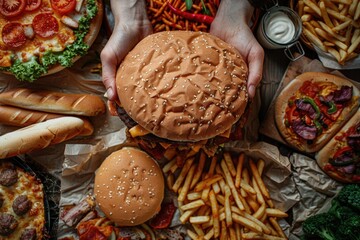 Individual eating junk food, fast food, unhealthy eating habits. Generative Ai