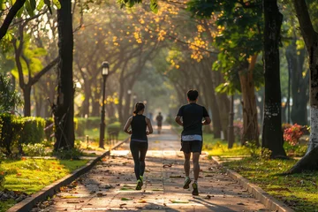 Fotobehang a couple during running workout in the park, healthy fitness people jogging outdoors © Kien